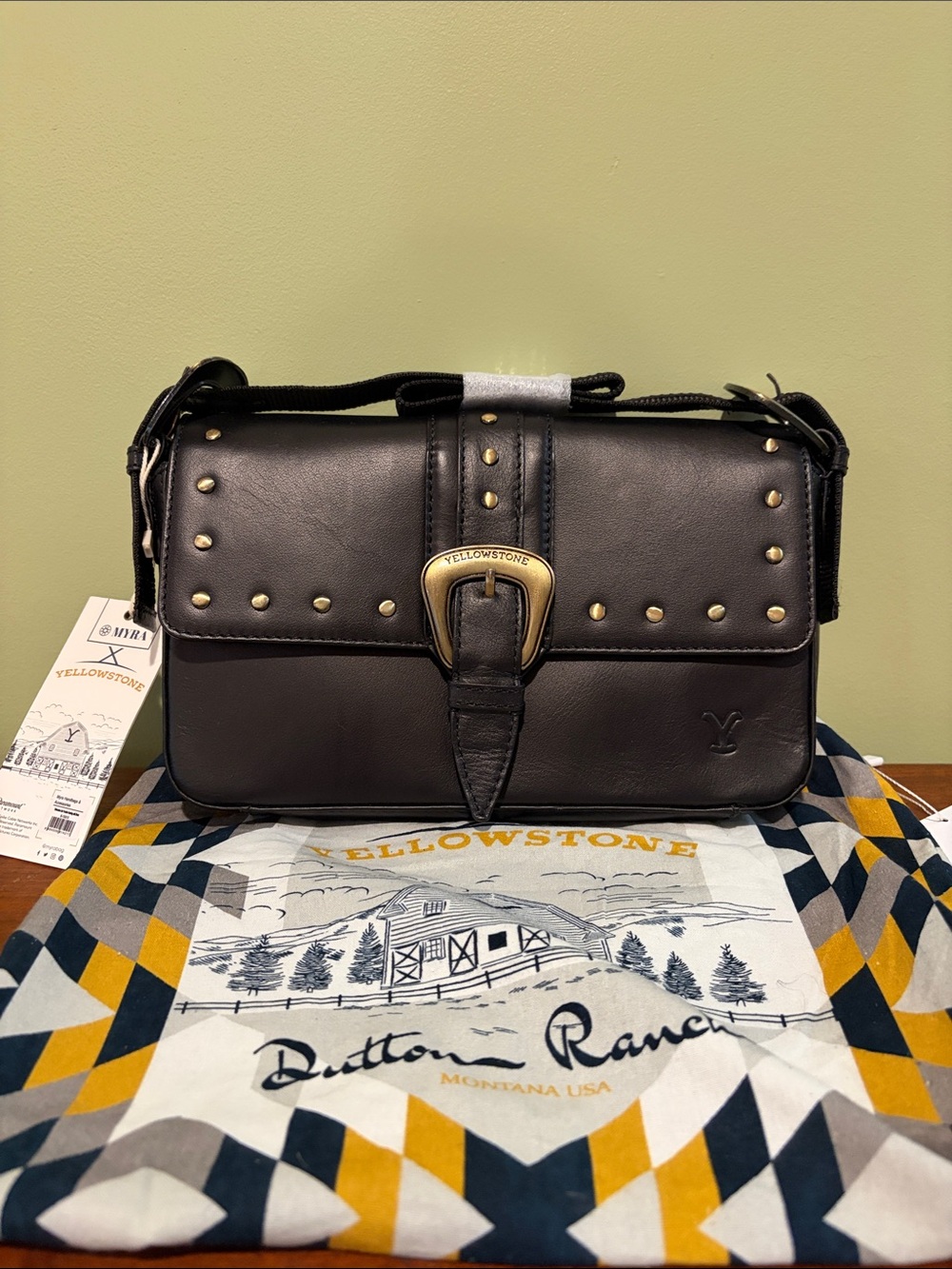 Myra Bag Yellowstone Black Leather Shoulder bag with Gold-Tone Studs